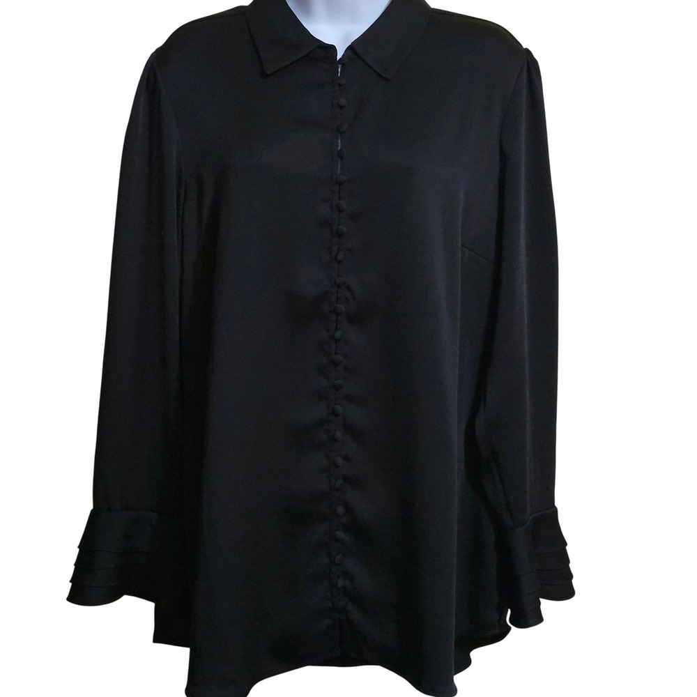 Soft Surroundings Black Edwardian Collared Button‎ Down Long Sleeve Blouse Large